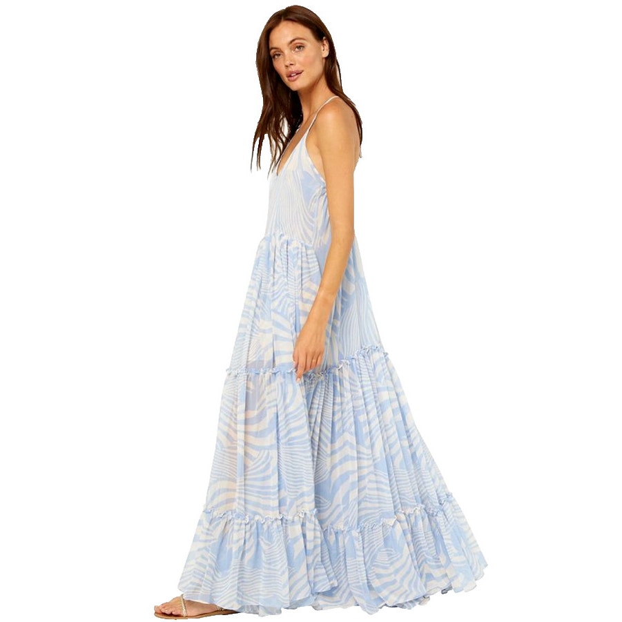 Misa Los Angeles Pale Blue And White Tiered Midi Dress